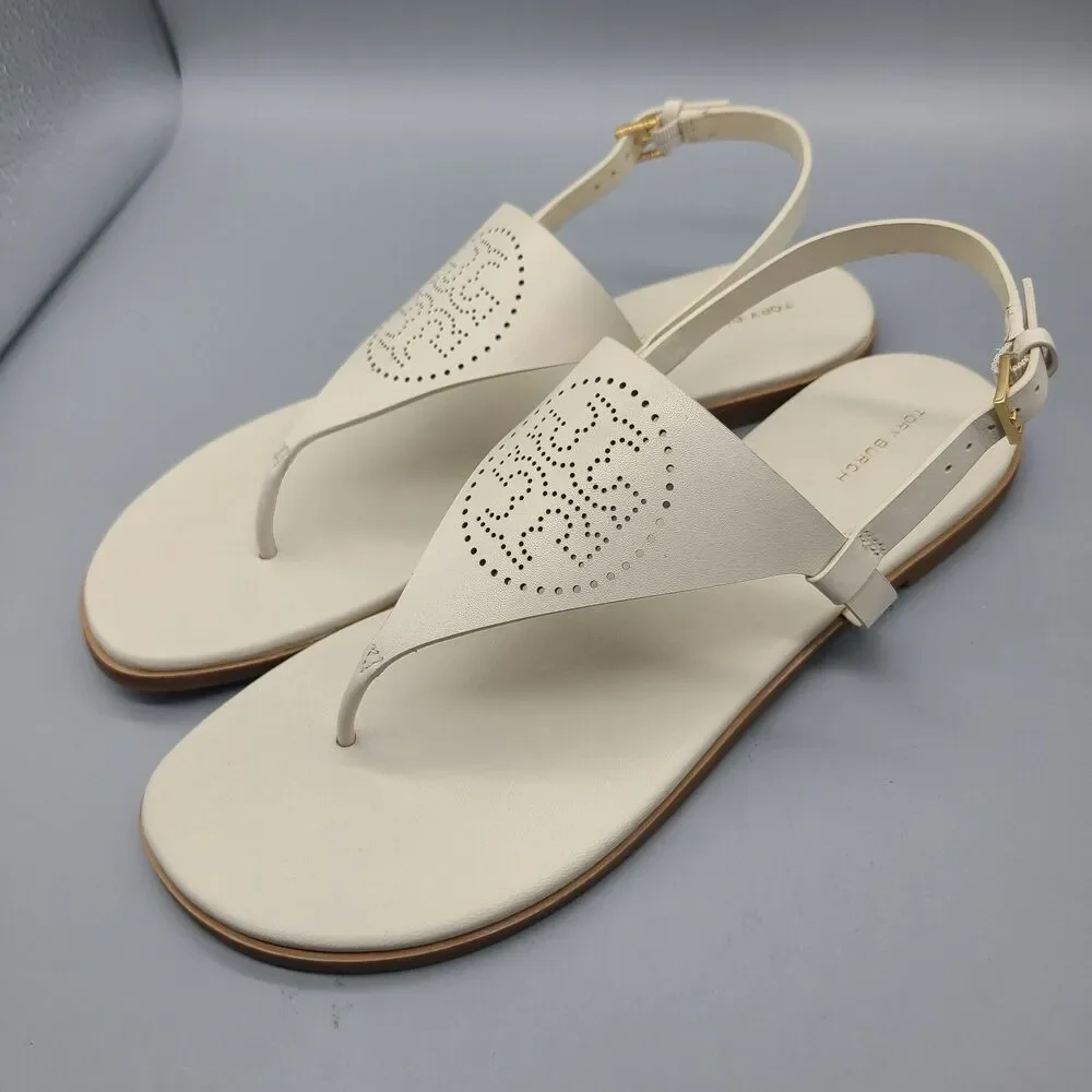 TORY BURCH CAPRI Perforated Logo White Leather Thong Flat Sandals  Sz 10.5 New